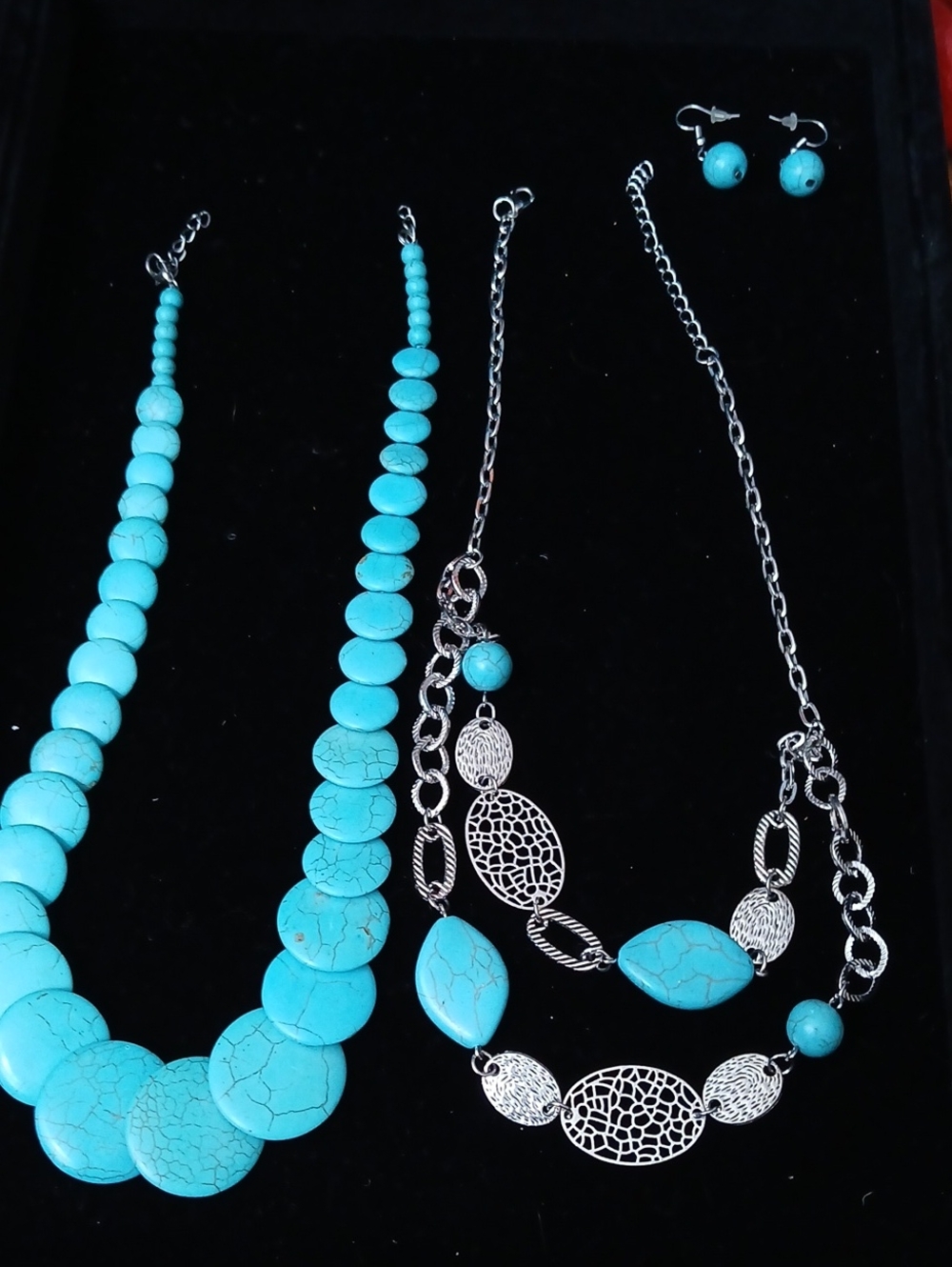 Turquoise Bead Necklace and Silver Chain Set With Earrings - Women Jewelry
